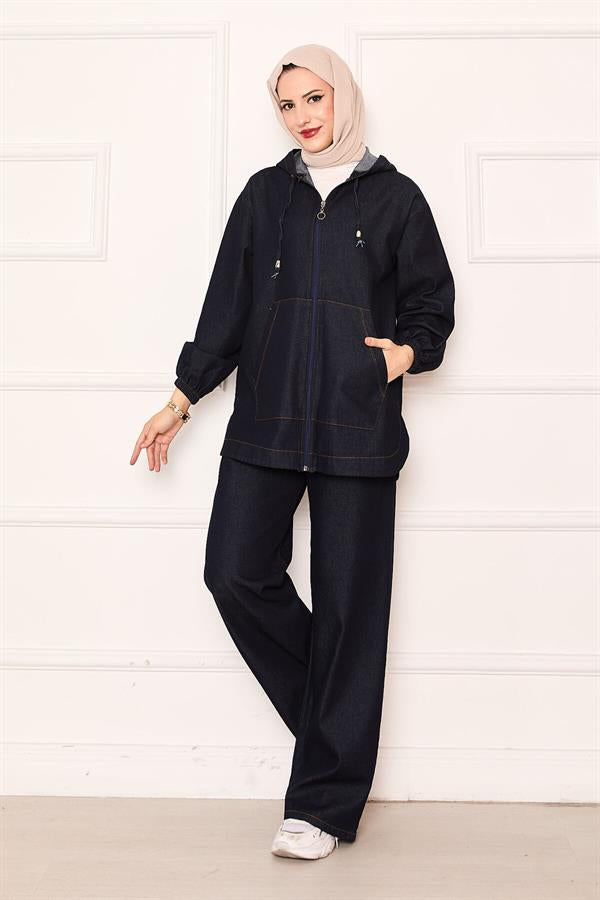 Zippered Kangaroo Pocket Detailed Hooded Denim 2 Piece Set Navy Blue