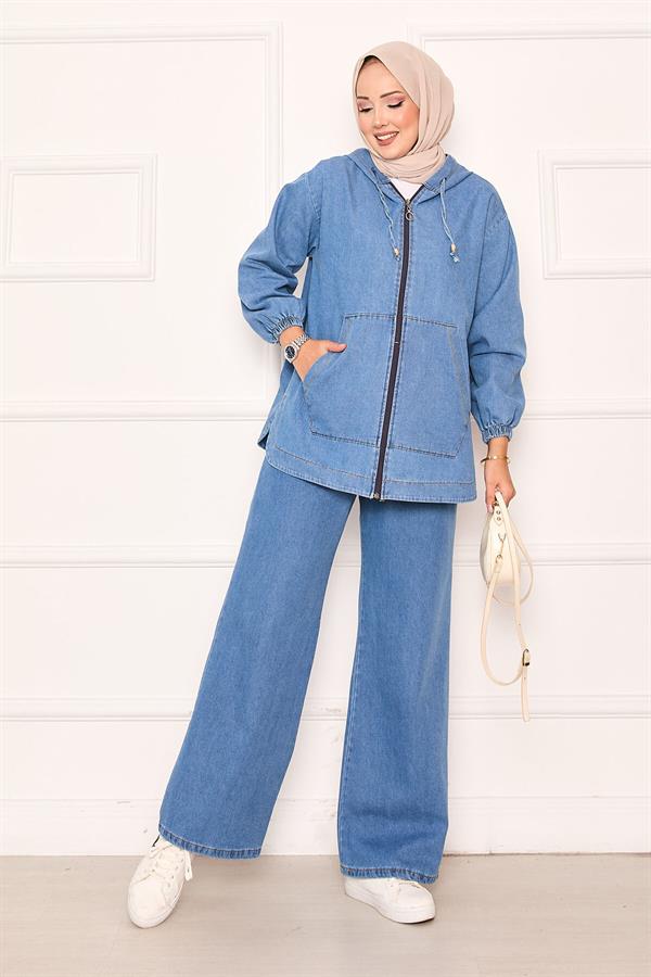 Zippered Kangaroo Pocket Detailed Hooded Denim 2 Piece Set Blue