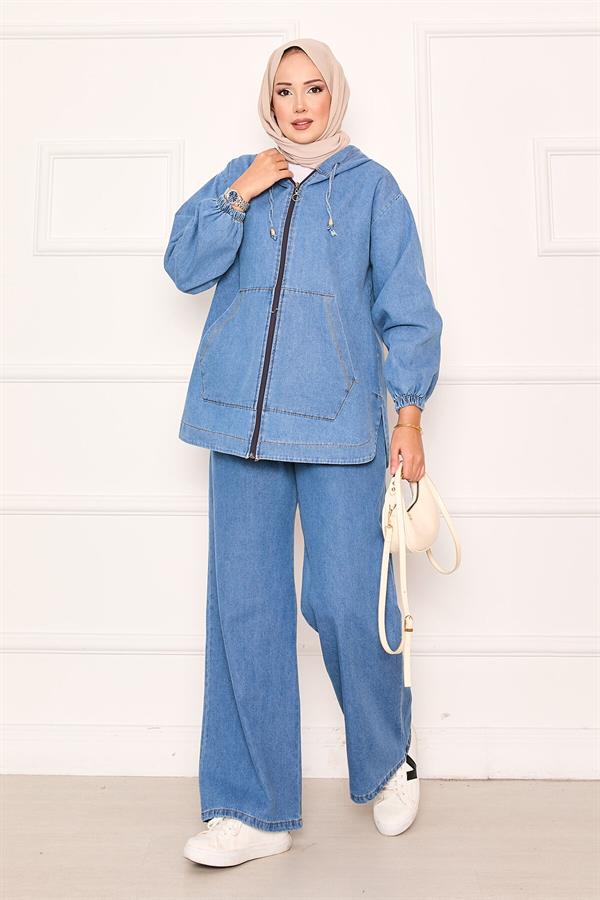 Zippered Kangaroo Pocket Detailed Hooded Denim 2 Piece Set Blue