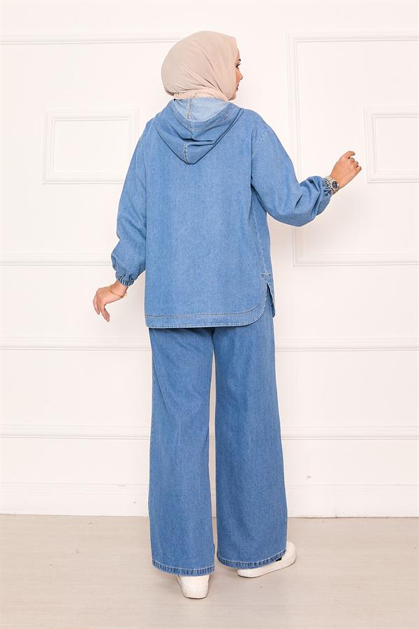 Zippered Kangaroo Pocket Detailed Hooded Denim 2 Piece Set Blue