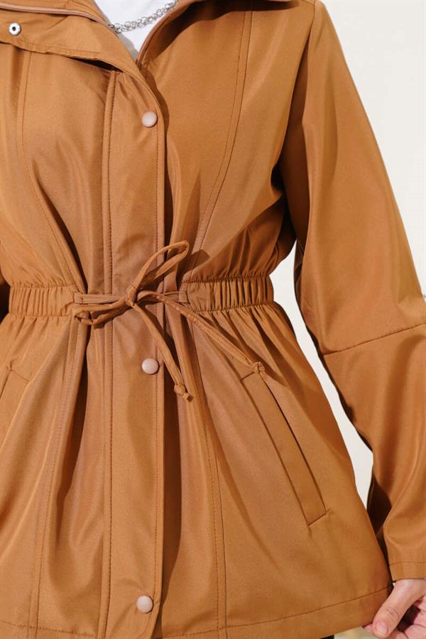 Zippered Hooded Elastic Waist Trench Coat Tan