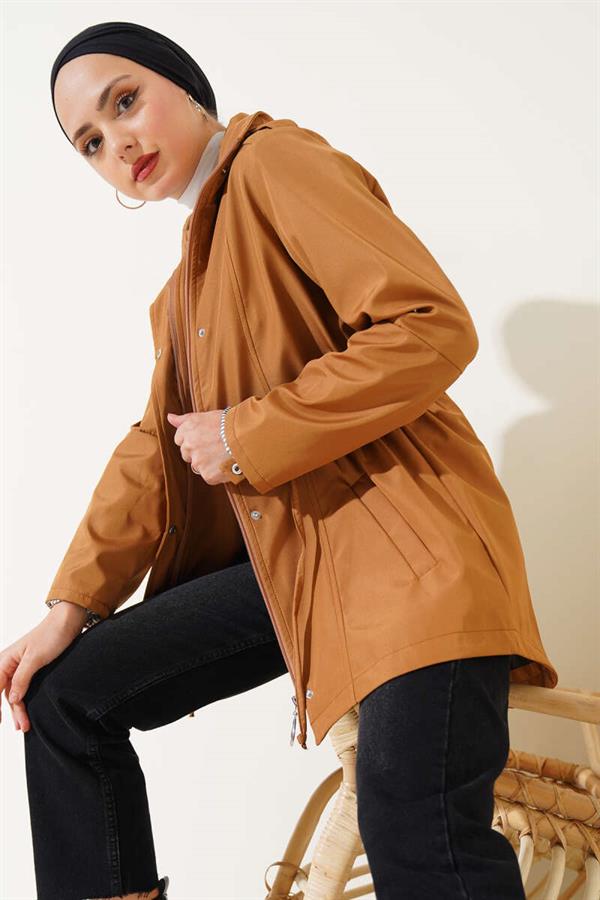Zippered Hooded Elastic Waist Trench Coat Tan