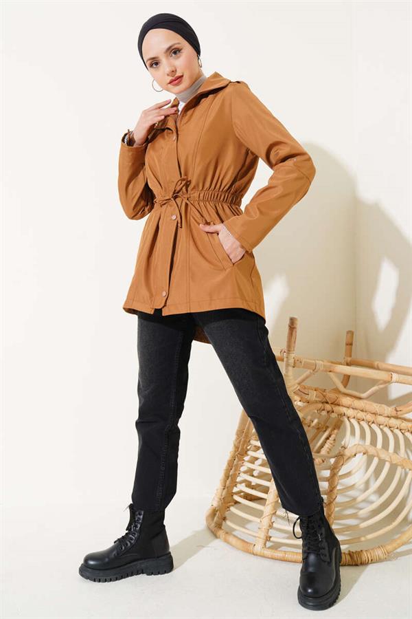 Zippered Hooded Elastic Waist Trench Coat Tan