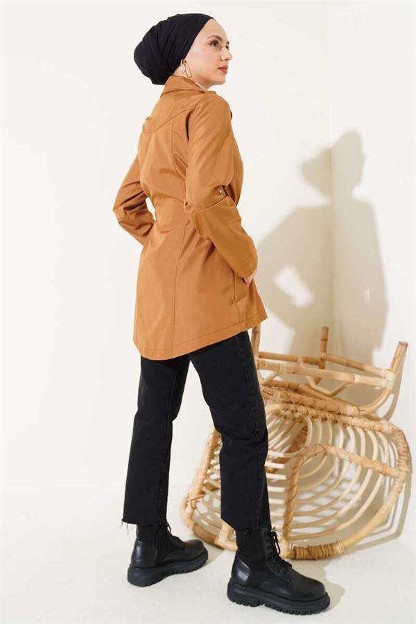 Zippered Hooded Elastic Waist Trench Coat Tan
