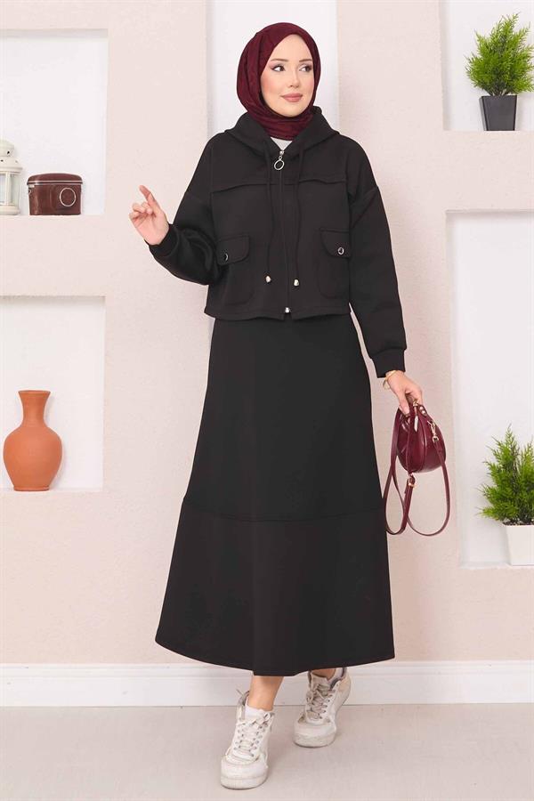 Zippered Hooded Crop Skirt 2 Piece Set Black