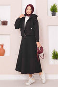 Zippered Hooded Crop Skirt 2 Piece Set Black