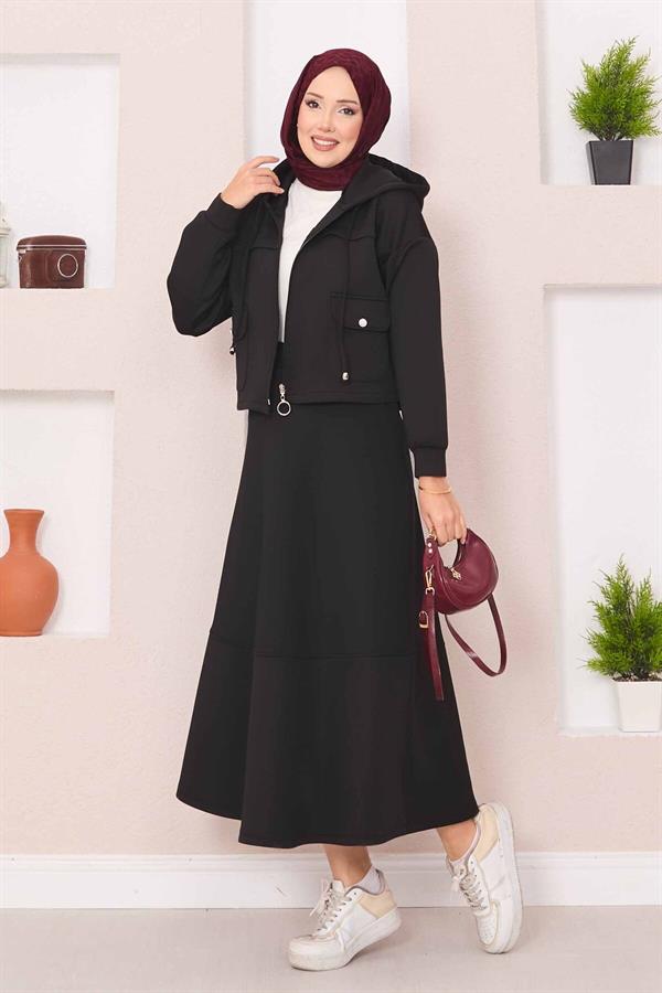 Zippered Hooded Crop Skirt 2 Piece Set Black