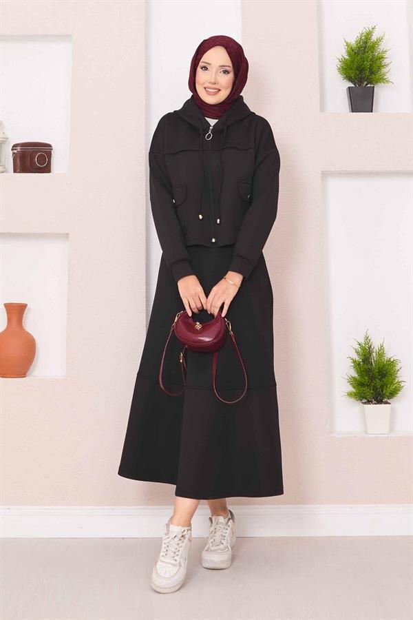 Zippered Hooded Crop Skirt 2 Piece Set Black