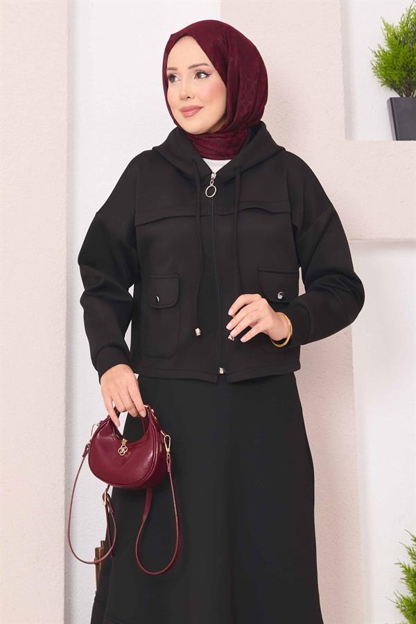 Zippered Hooded Crop Skirt 2 Piece Set Black