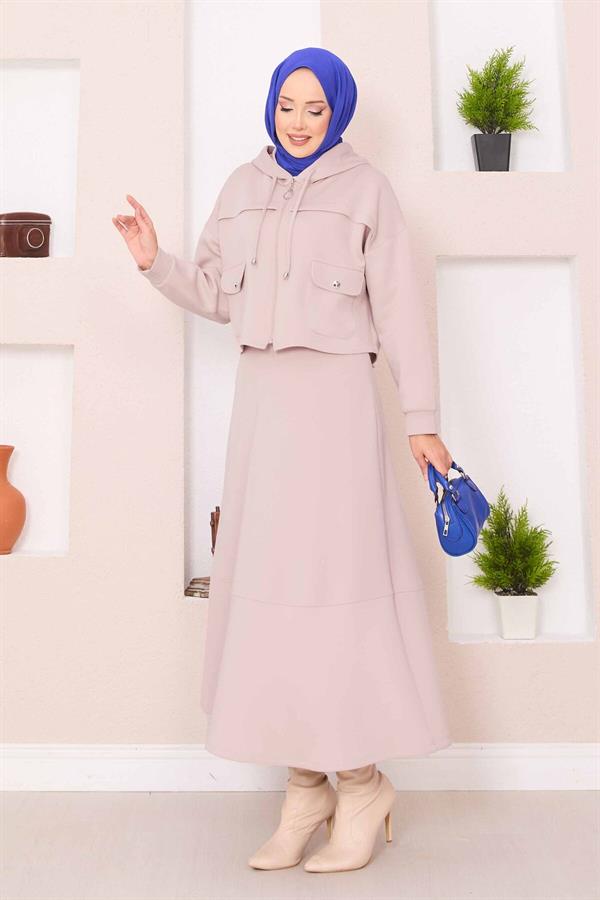 Zippered Hooded Crop Skirt 2 Piece Set Beige