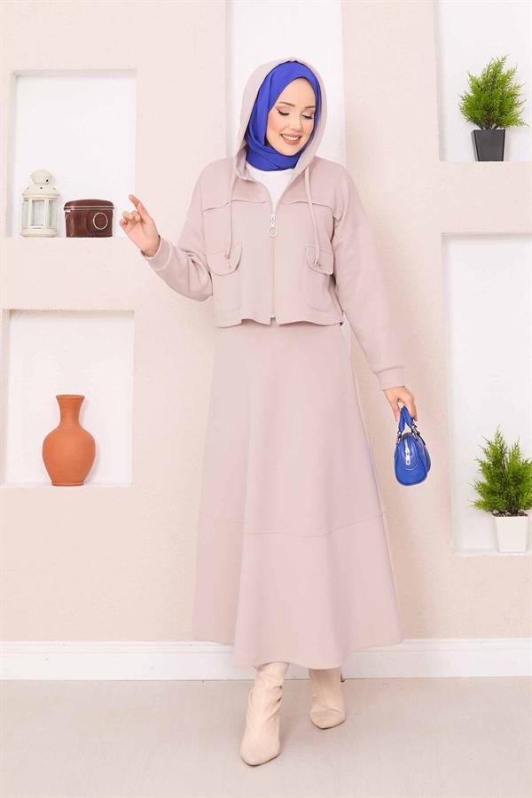 Zippered Hooded Crop Skirt 2 Piece Set Beige