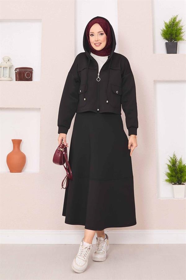 Zippered Hooded Crop Skirt 2 Piece Set Black