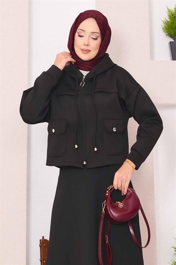 Zippered Hooded Crop Skirt 2 Piece Set Black