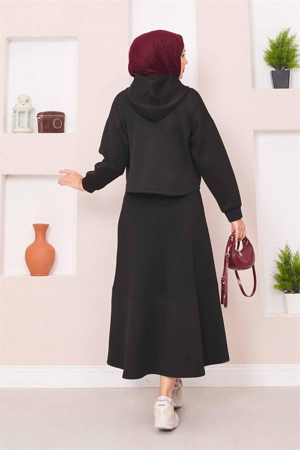 Zippered Hooded Crop Skirt 2 Piece Set Black