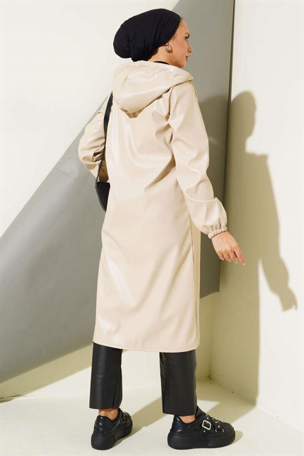 Zippered Hooded Leather Coat Beige