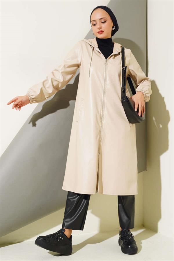 Zippered Hooded Leather Coat Beige