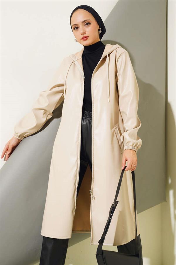Zippered Hooded Leather Coat Beige
