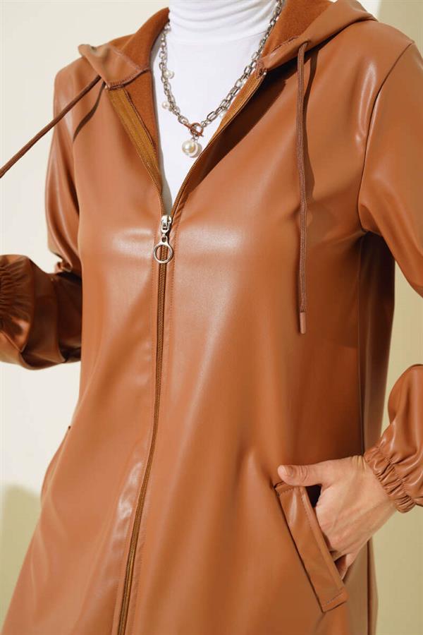 Zippered Hooded Leather Coat Camel