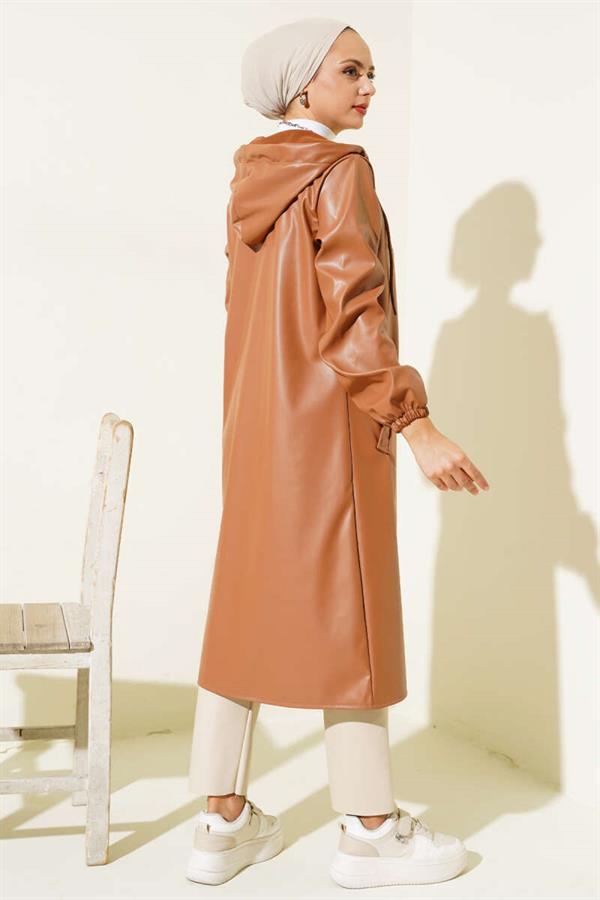 Zippered Hooded Leather Coat Camel