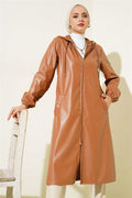Zippered Hooded Leather Coat Camel