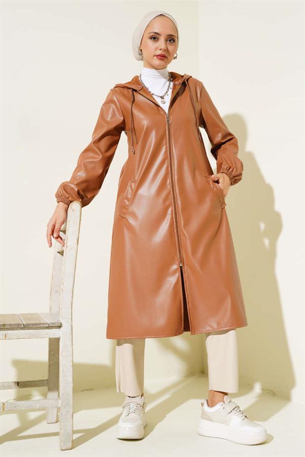Zippered Hooded Leather Coat Camel