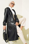 Zippered Hooded Leather Coat Black