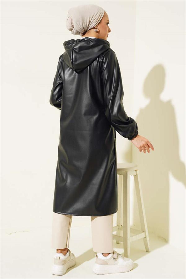 Zippered Hooded Leather Coat Black