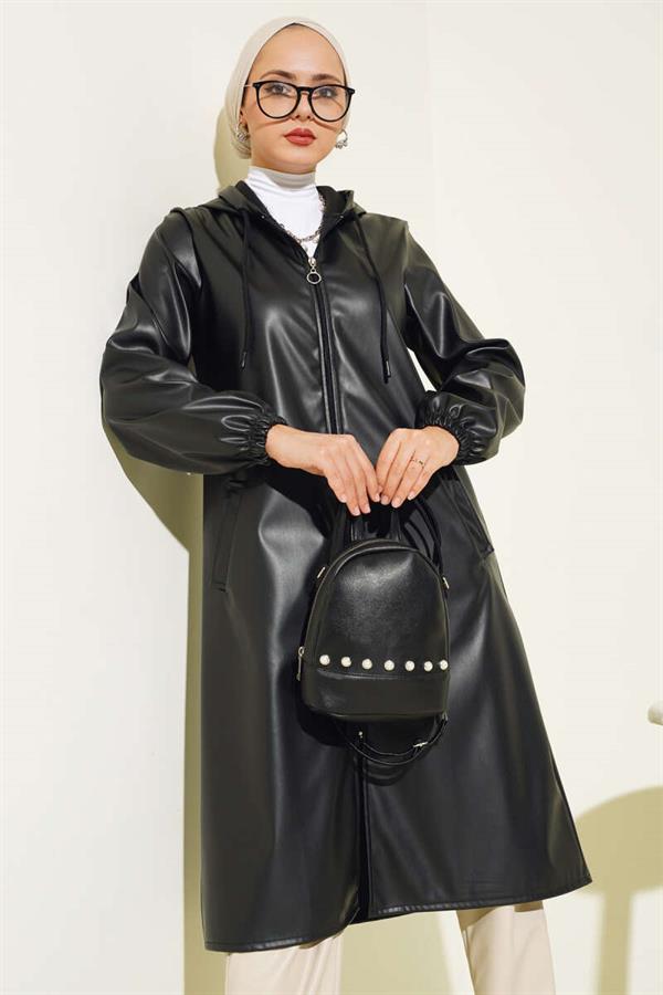 Zippered Hooded Leather Coat Black