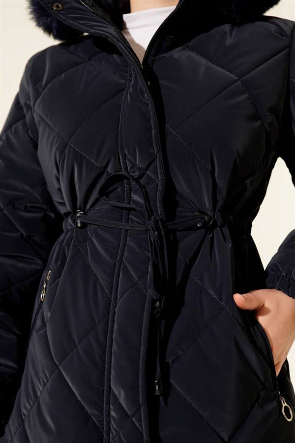Short Quilted Jacket with Zipper and Hood, Navy Blue