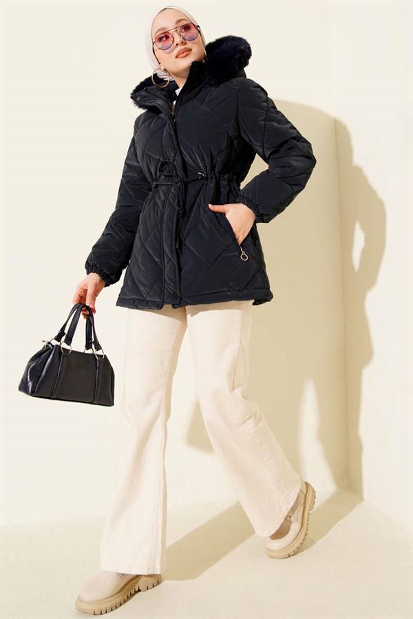Short Quilted Jacket with Zipper and Hood, Navy Blue