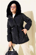 Short Quilted Jacket with Zipper and Hood, Navy Blue