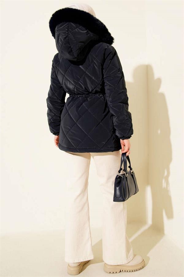 Short Quilted Jacket with Zipper and Hood, Navy Blue