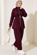 Zip-up Square Belted 2 Piece Set in Burgundy