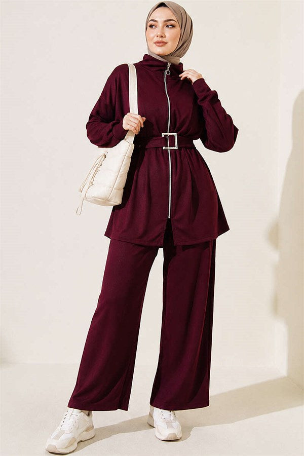 Zip-up Square Belted 2 Piece Set in Burgundy