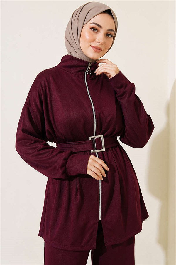 Zip-up Square Belted 2 Piece Set in Burgundy