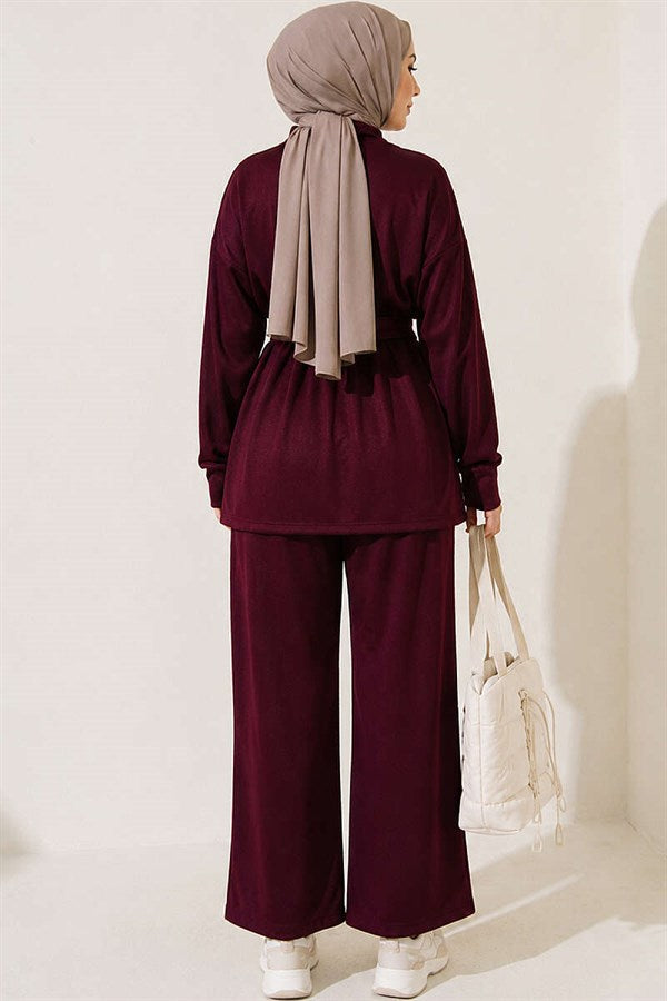Zip-up Square Belted 2 Piece Set in Burgundy