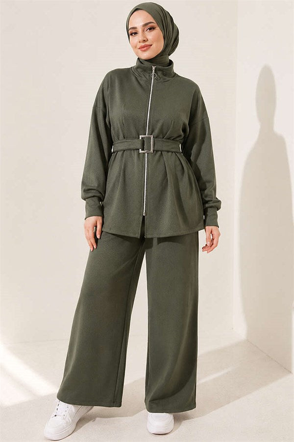 2 Piece Set with Zipper and Square Belt, Khaki
