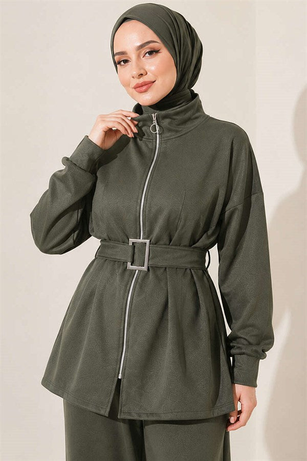 2 Piece Set with Zipper and Square Belt, Khaki