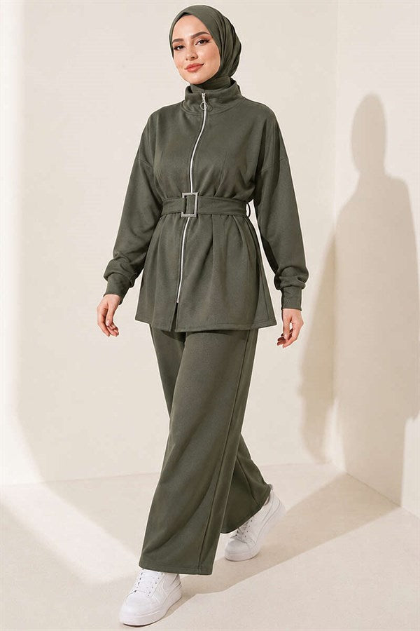 2 Piece Set with Zipper and Square Belt, Khaki