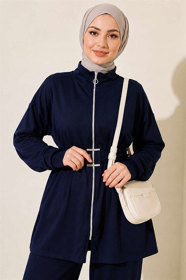 2 Piece Set with Zipper and Square Belt, Navy Blue