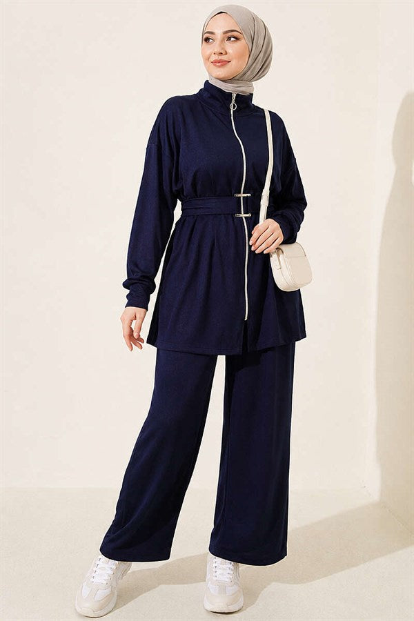 2 Piece Set with Zipper and Square Belt, Navy Blue