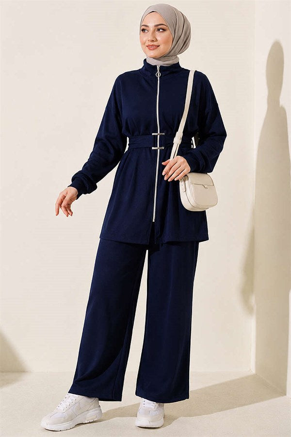 2 Piece Set with Zipper and Square Belt, Navy Blue
