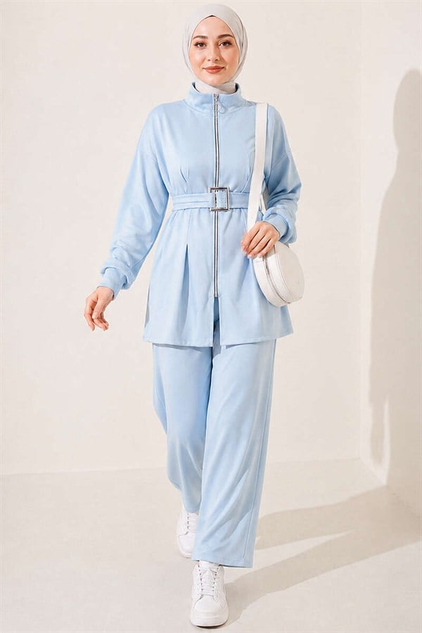 Zip-up Square Belted 2 Piece Set, Blue