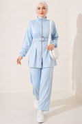 Zip-up Square Belted 2 Piece Set, Blue