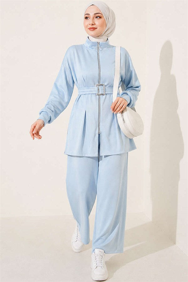 Zip-up Square Belted 2 Piece Set, Blue