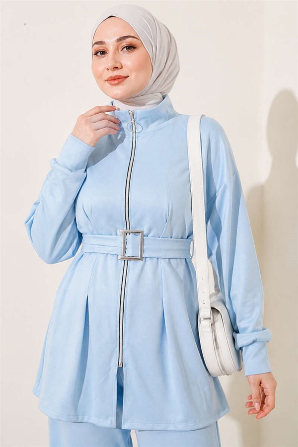Zip-up Square Belted 2 Piece Set, Blue