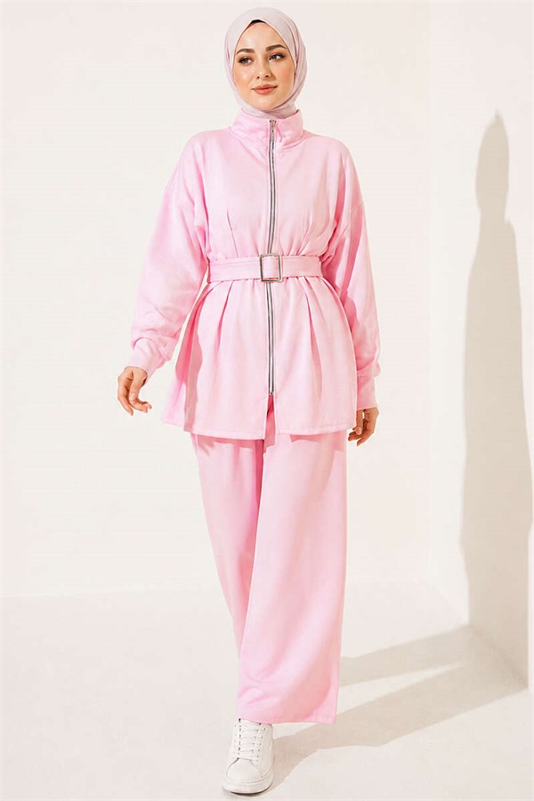 Pink Two-Piece Set with Zipper and Square Belt