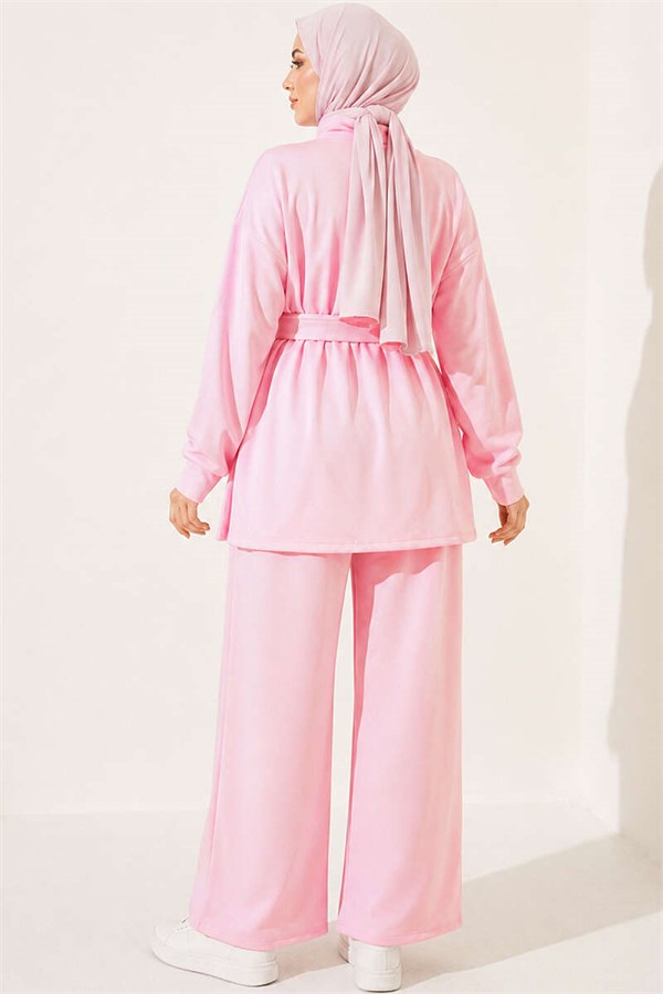 Pink Two-Piece Set with Zipper and Square Belt