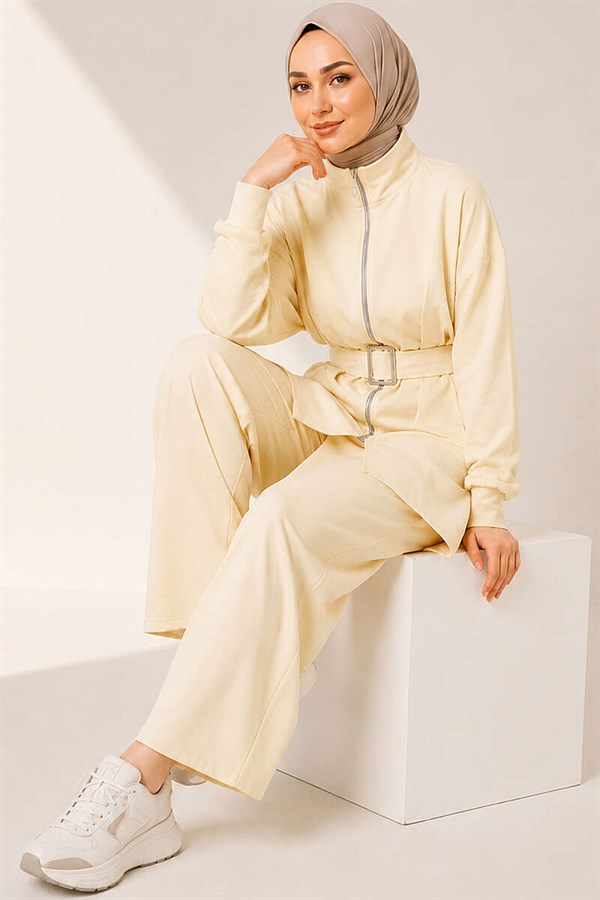 Zip-up Square Belted 2 Piece Set, Yellow