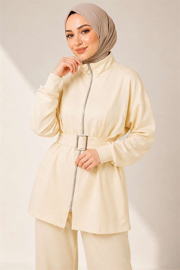 Zip-up Square Belted 2 Piece Set, Yellow